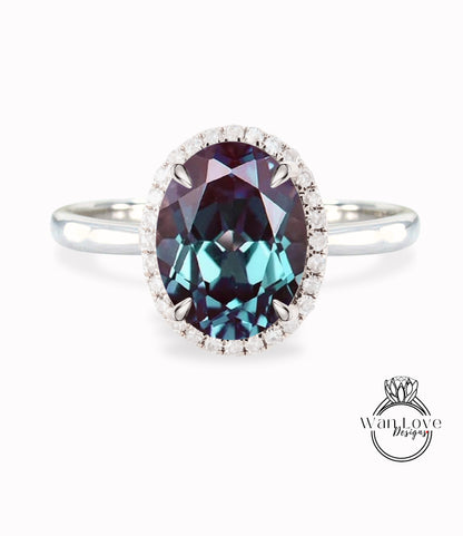 Anello di fidanzamento con alessandrite a taglio ovale, anello in oro rosa, anello di fidanzamento con alone di diamanti, affusolato, semplice, sottile, delicato, anello di promessa per l'anniversario in stile art deco