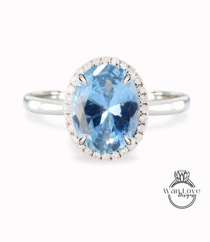 Aquamarine Blue Spinel & Diamond Oval Halo tapered plain thin dainty band engagement ring rose gold art deco anniversary gift