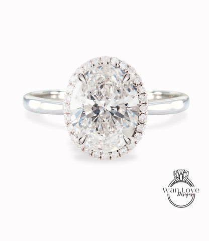 Diamond Oval Halo tapered plain thin dainty band engagement ring rose gold art deco anniversary gift