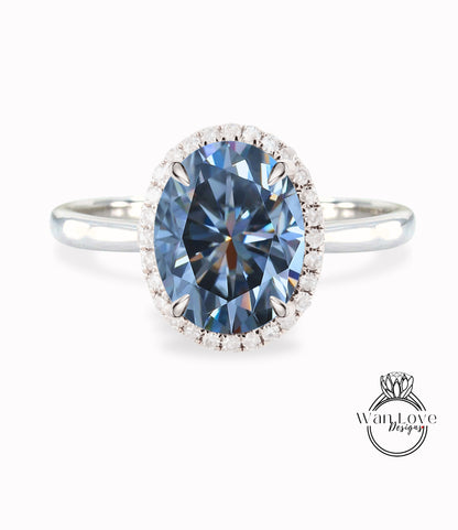 Grey Moissanite & Diamond Oval Halo tapered plain thin dainty band engagement ring rose gold art deco anniversary gift