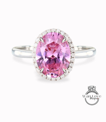 Anello di fidanzamento con zaffiro rosa taglio ovale anello in oro rosa con alone di diamanti anello di promessa anniversario in stile art deco affusolato semplice sottile e delicato