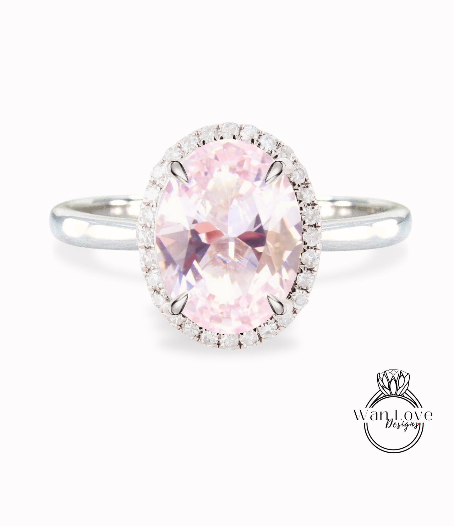 Light Pink Sapphire & Diamond Oval Halo tapered plain thin dainty band engagement ring rose gold art deco anniversary gift