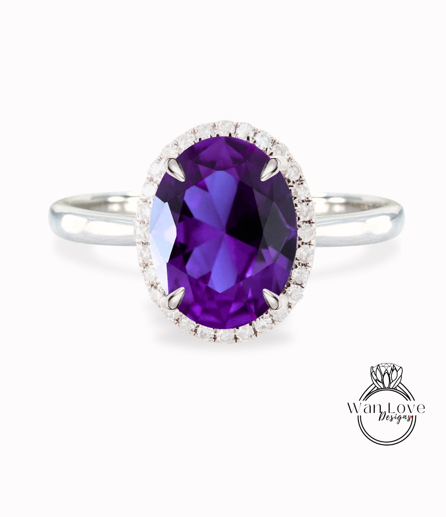 Purple Sapphire Alexandrite Color & Diamond Oval Halo tapered plain thin dainty band engagement ring rose gold art deco anniversary gift