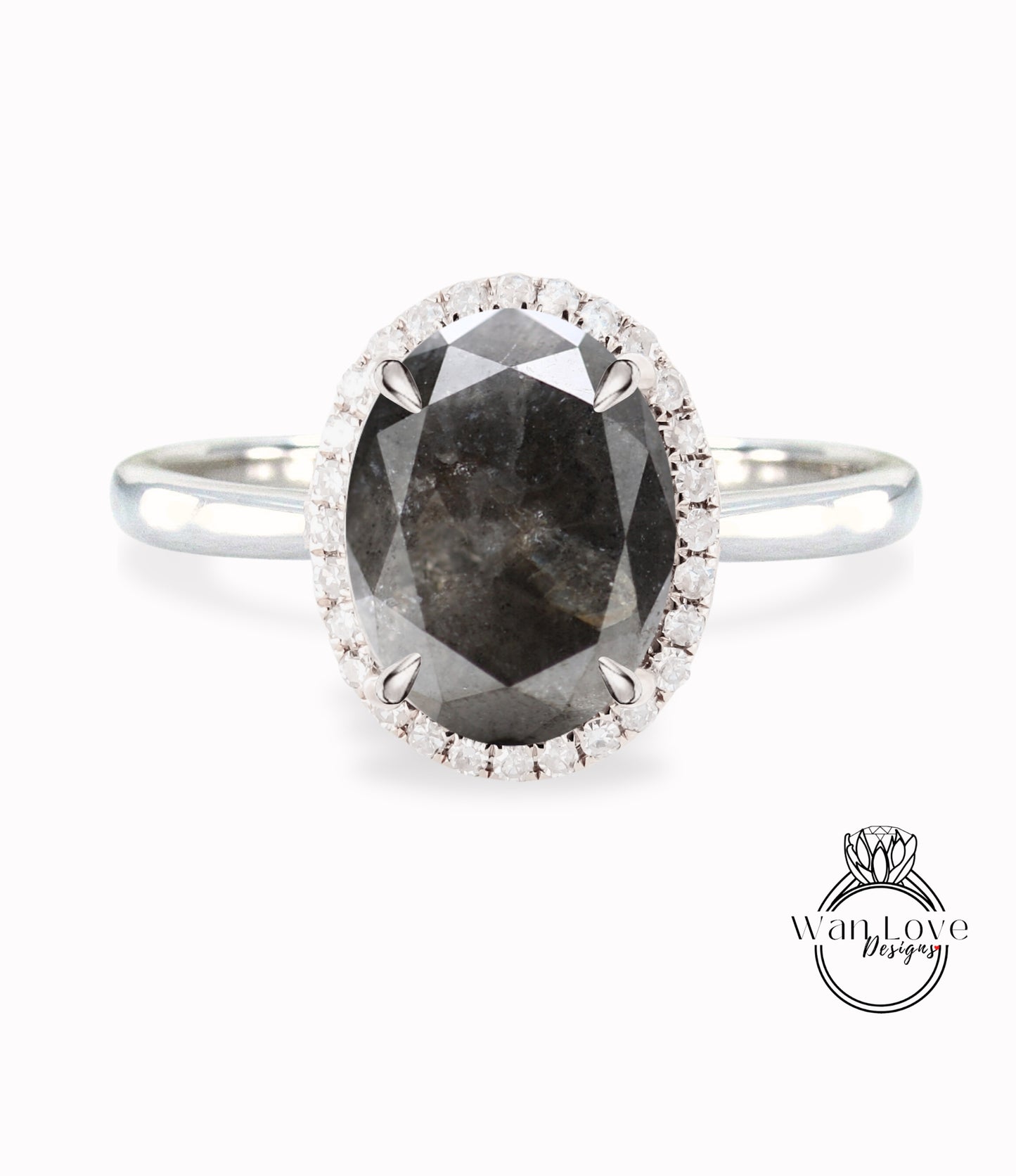 Salt Pepper Diamond Oval Halo tapered plain thin dainty band engagement ring rose gold art deco anniversary gift