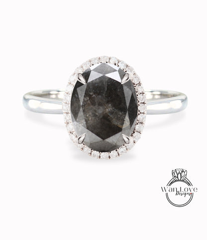 Salt Pepper Diamond Oval Halo tapered plain thin dainty band engagement ring rose gold art deco anniversary gift