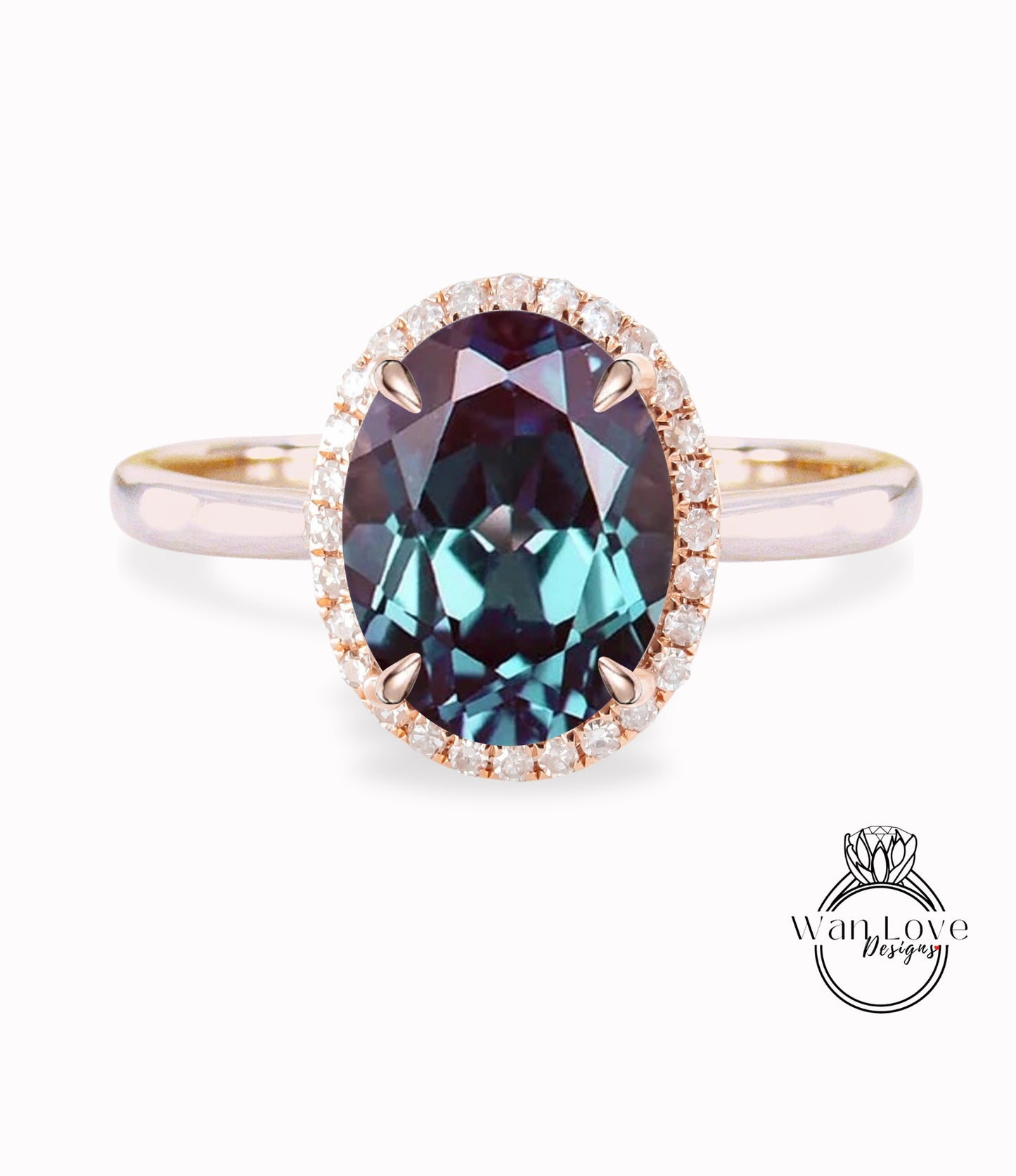 Anello di fidanzamento con alessandrite a taglio ovale, anello in oro rosa, anello di fidanzamento con alone di diamanti, affusolato, semplice, sottile, delicato, anello di promessa per l'anniversario in stile art deco