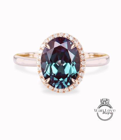 Anello di fidanzamento con alessandrite a taglio ovale, anello in oro rosa, anello di fidanzamento con alone di diamanti, affusolato, semplice, sottile, delicato, anello di promessa per l'anniversario in stile art deco