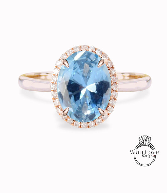 Aquamarine Blue Spinel & Diamond Oval Halo tapered plain thin dainty band engagement ring rose gold art deco anniversary gift