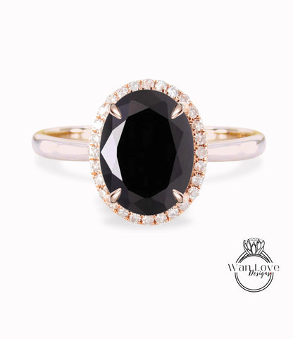 Black Spinel & Diamond Oval Halo tapered plain thin dainty band engagement ring rose gold art deco anniversary gift