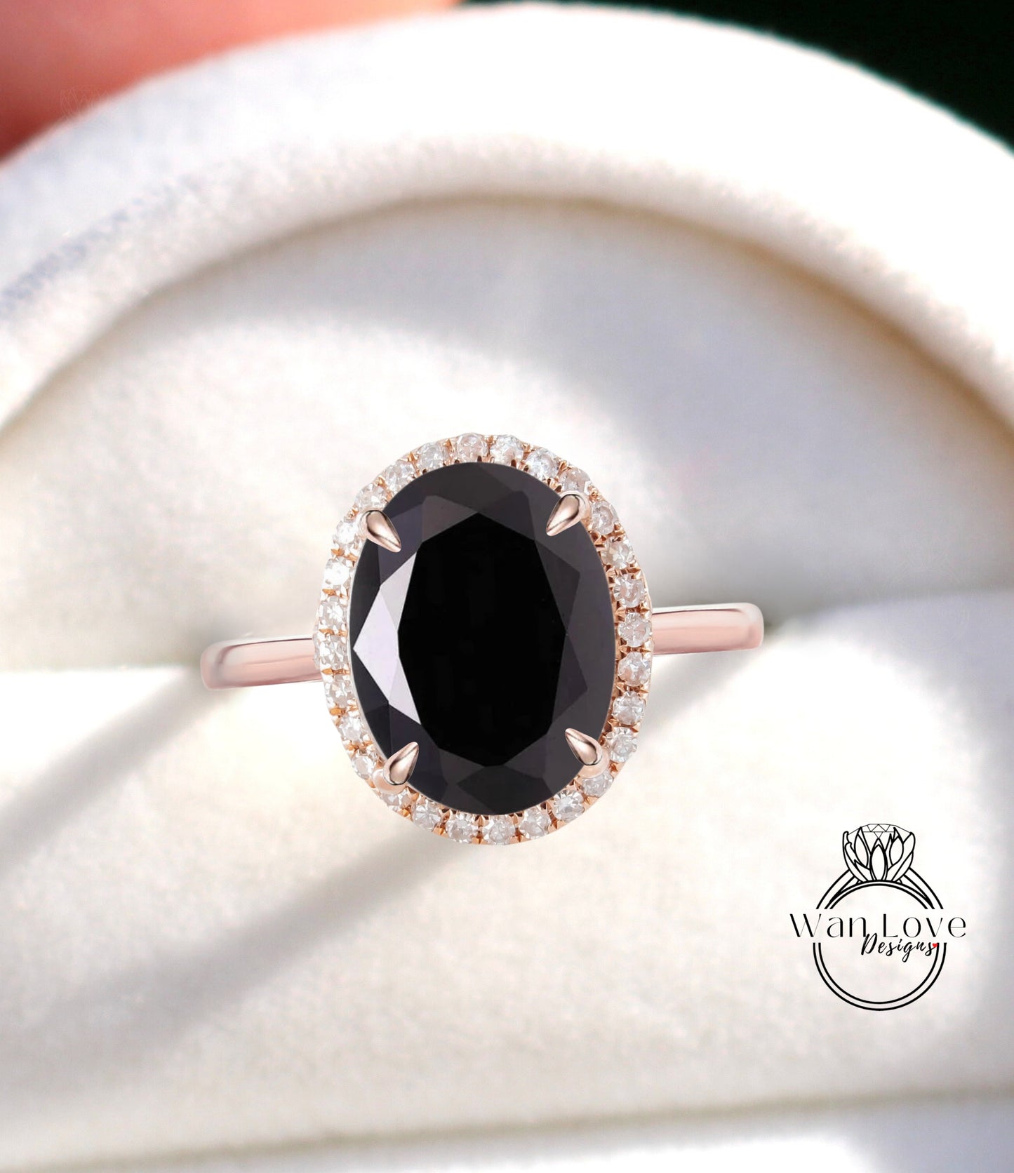 Black Spinel & Diamond Oval Halo tapered plain thin dainty band engagement ring rose gold art deco anniversary gift
