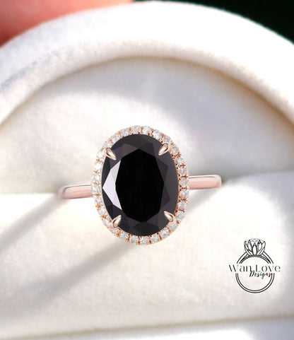 Black Spinel & Diamond Oval Halo tapered plain thin dainty band engagement ring rose gold art deco anniversary gift