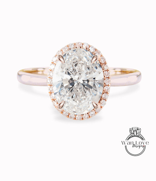 Diamond Oval Halo tapered plain thin dainty band engagement ring rose gold art deco anniversary gift