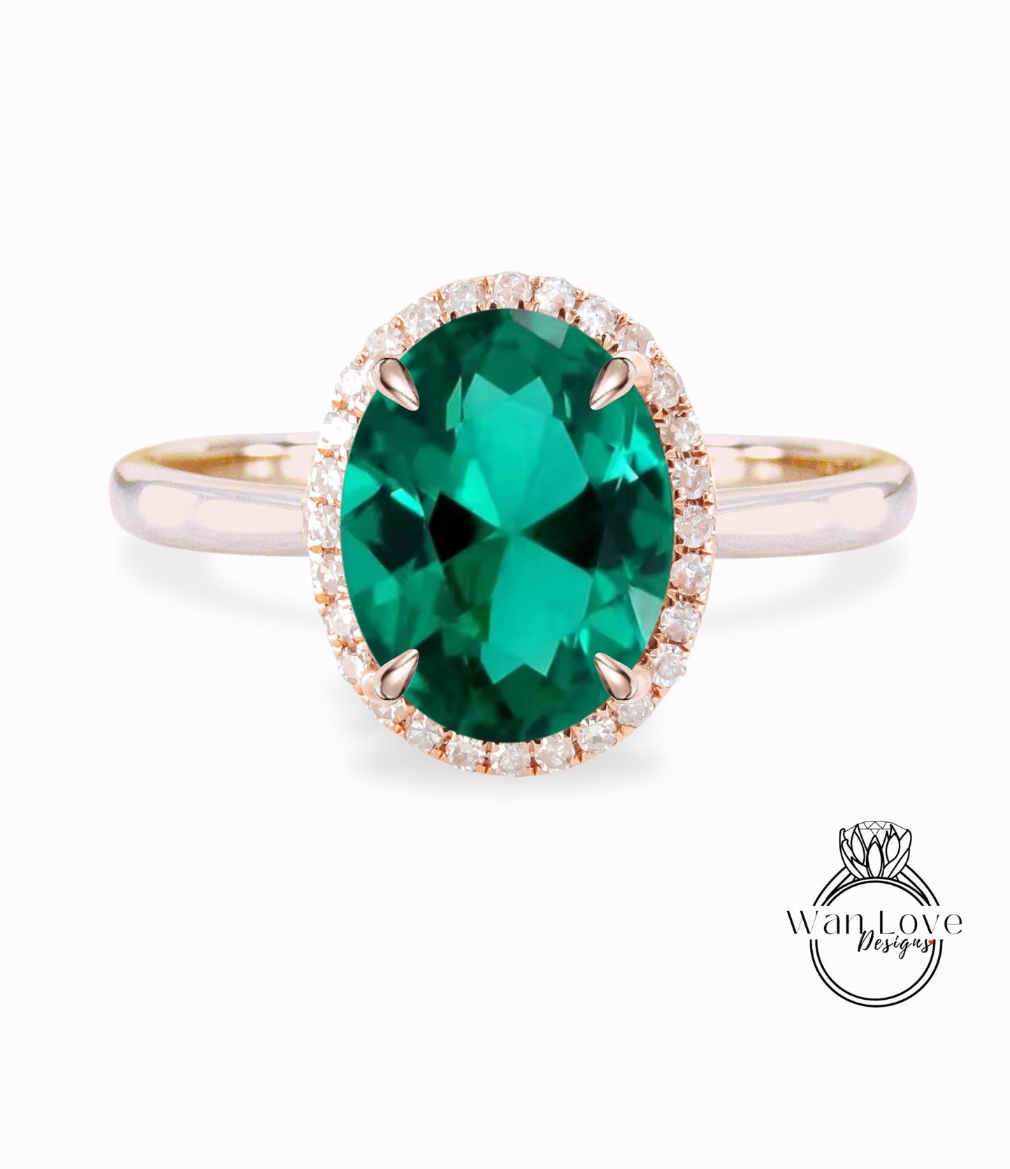 Emerald & Diamond Oval Halo tapered plain thin dainty band engagement ring rose gold art deco anniversary gift