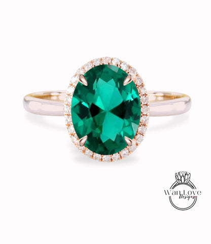 Emerald & Diamond Oval Halo tapered plain thin dainty band engagement ring rose gold art deco anniversary gift