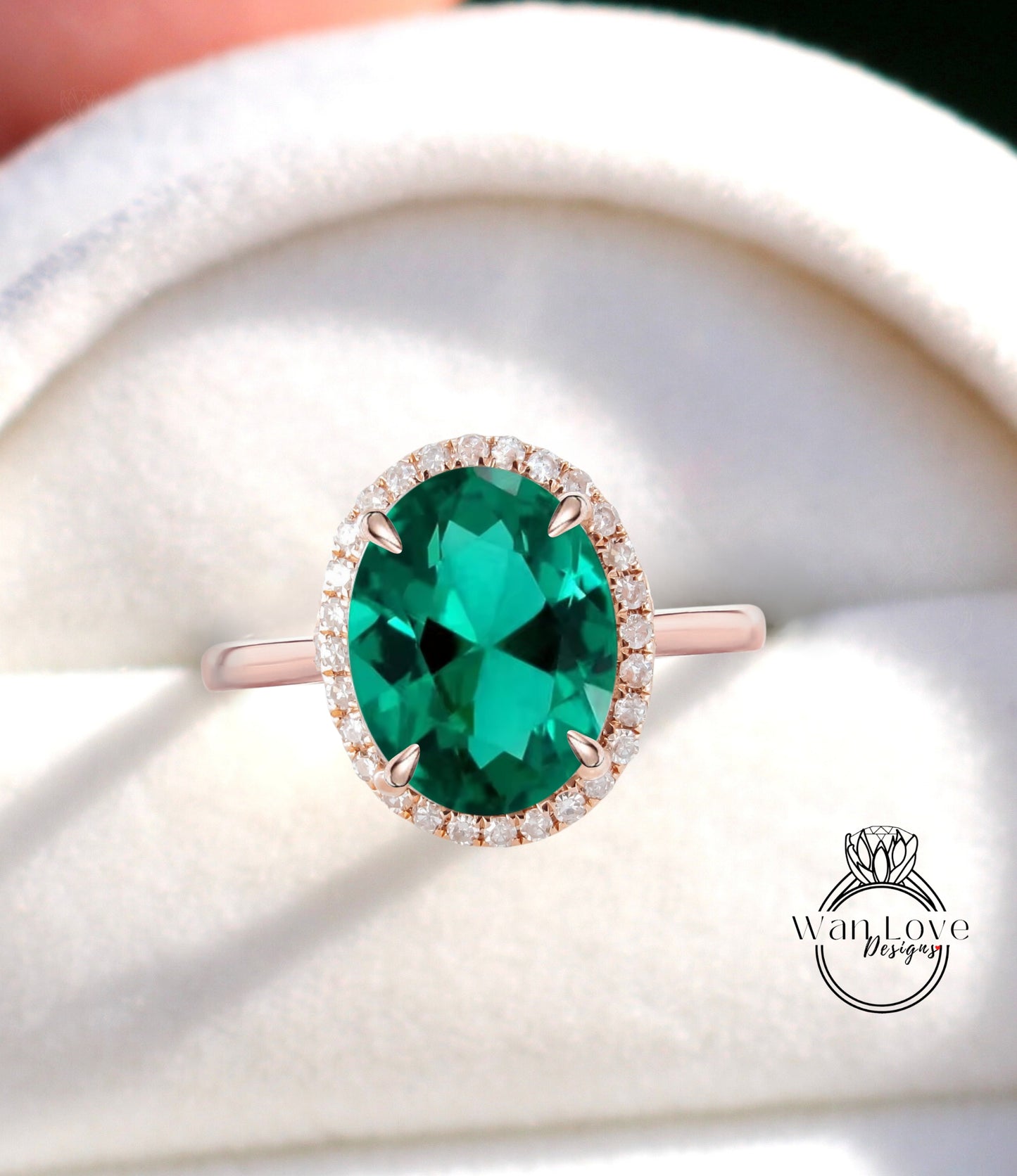 Emerald & Diamond Oval Halo tapered plain thin dainty band engagement ring rose gold art deco anniversary gift