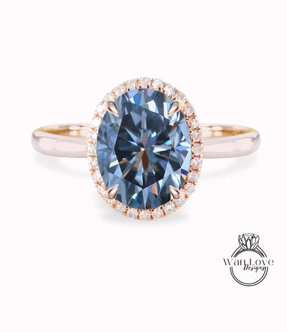 Grey Moissanite & Diamond Oval Halo tapered plain thin dainty band engagement ring rose gold art deco anniversary gift