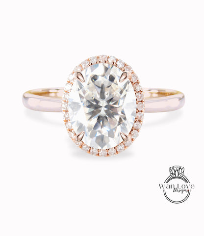 Moissanite & Diamond Oval Halo tapered plain thin dainty band engagement ring rose gold art deco anniversary gift