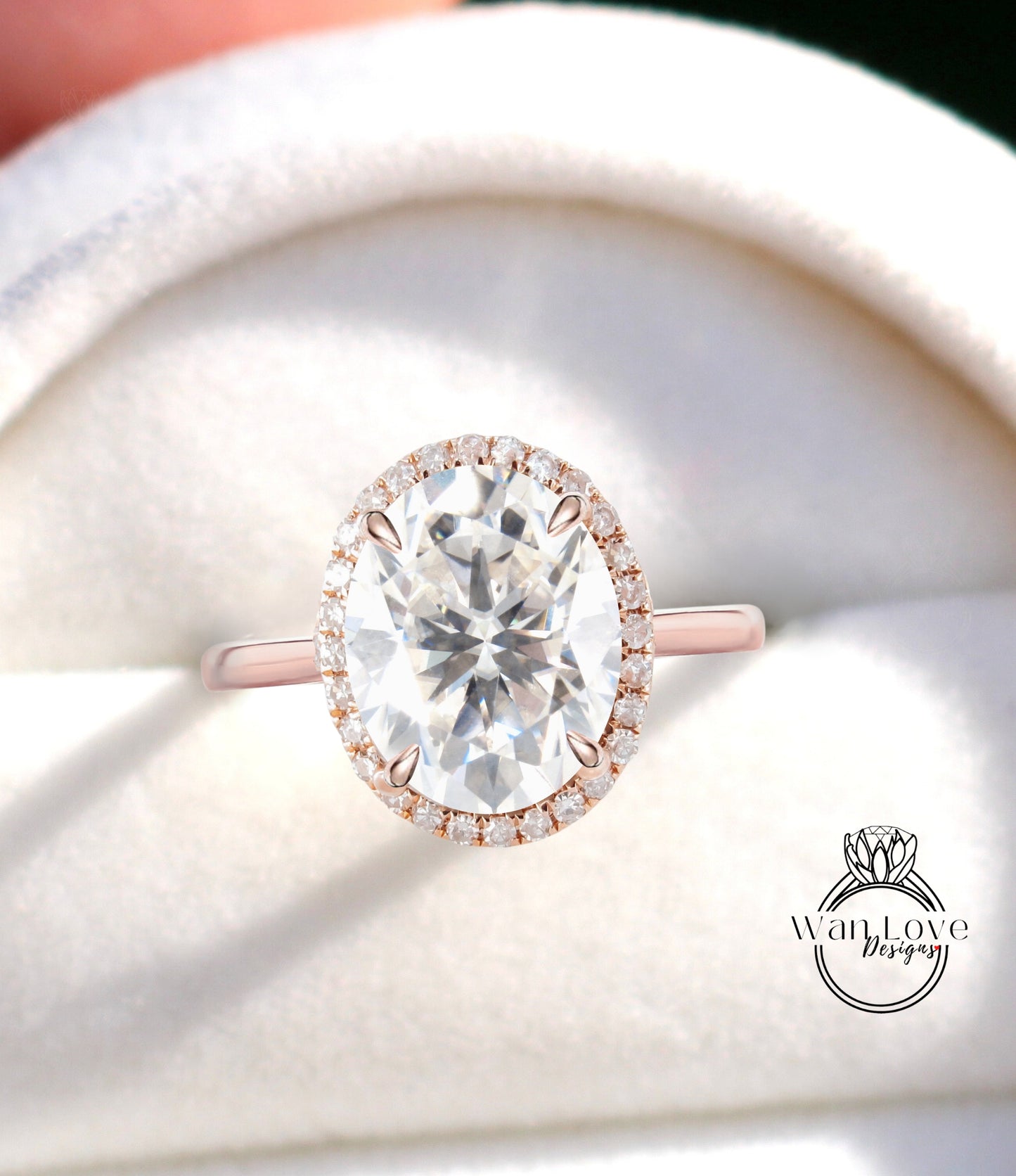 Moissanite & Diamond Oval Halo tapered plain thin dainty band engagement ring rose gold art deco anniversary gift