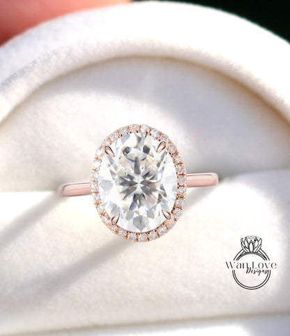 Moissanite & Diamond Oval Halo tapered plain thin dainty band engagement ring rose gold art deco anniversary gift