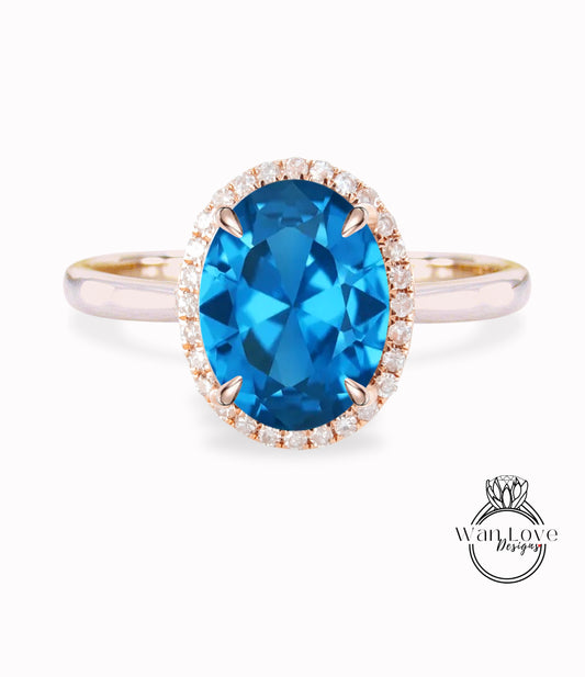 Ocean Blue Spinel & Diamond Oval Halo tapered plain thin dainty band engagement ring rose gold art deco anniversary gift
