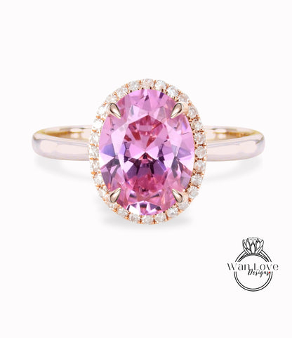 Anello di fidanzamento con zaffiro rosa taglio ovale anello in oro rosa con alone di diamanti anello di promessa anniversario in stile art deco affusolato semplice sottile e delicato