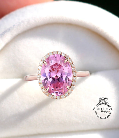 Anello di fidanzamento con zaffiro rosa taglio ovale anello in oro rosa con alone di diamanti anello di promessa anniversario in stile art deco affusolato semplice sottile e delicato