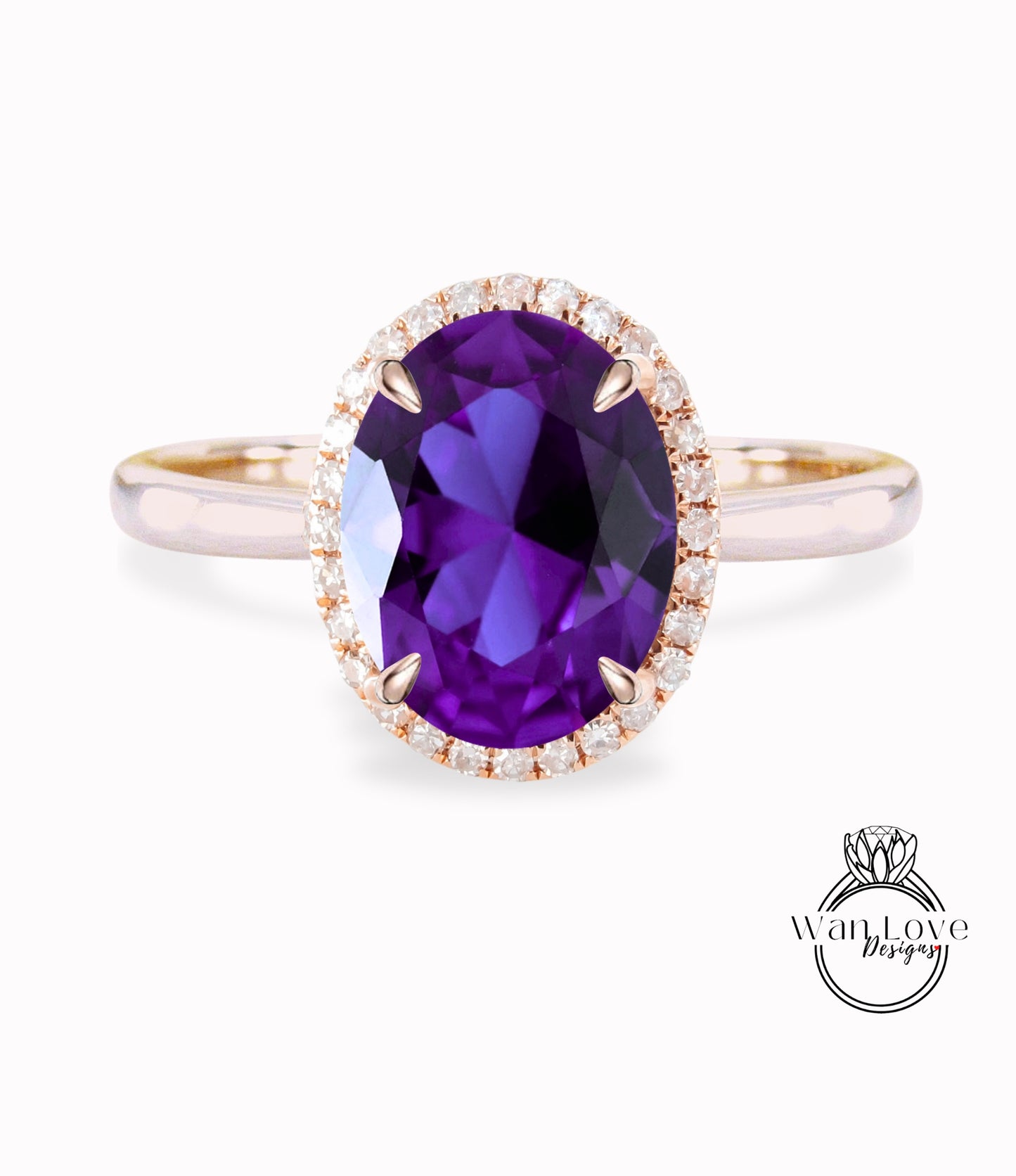Purple Sapphire Alexandrite Color & Diamond Oval Halo tapered plain thin dainty band engagement ring rose gold art deco anniversary gift
