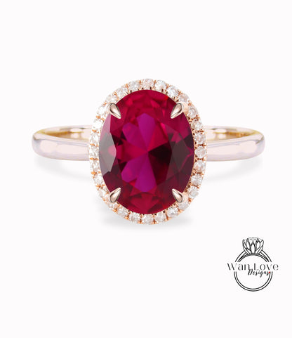Ruby & Diamond Oval Halo tapered plain thin dainty band engagement ring rose gold art deco anniversary gift