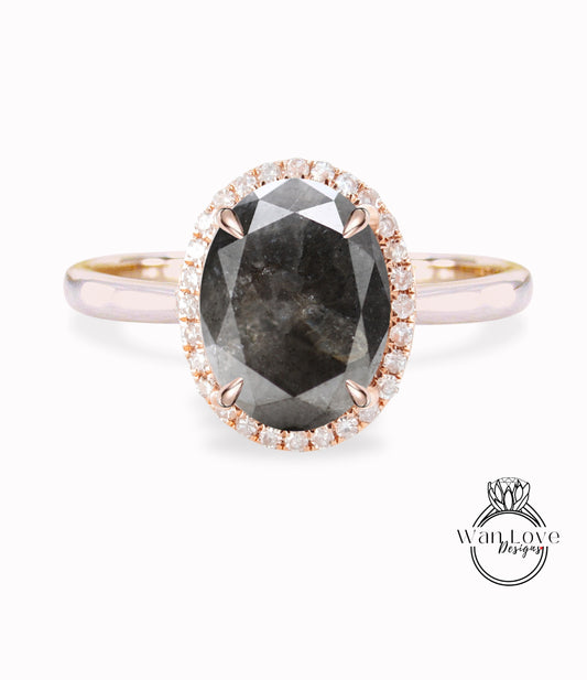 Salt Pepper Diamond Oval Halo tapered plain thin dainty band engagement ring rose gold art deco anniversary gift