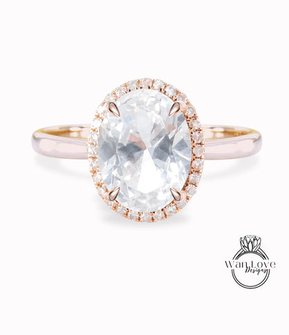 White Sapphire & Diamond Oval Halo tapered plain thin dainty band engagement ring rose gold art deco anniversary gift