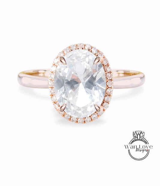 White Sapphire & Diamond Oval Halo tapered plain thin dainty band engagement ring rose gold art deco anniversary gift