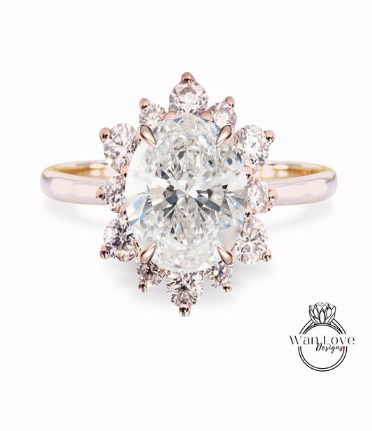 Anello di fidanzamento con diamante ovale da laboratorio, anello aureola, anello con diamante certificato fiocco di neve vintage, anello in oro rosa, anello art deco, anello di promessa, anniversario
