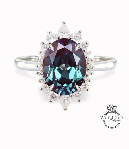 Alexandrite & Diamond Oval Cluster Halo Engagement Ring, Rose Gold Bridal Wedding Ring, Anniversary Gift
