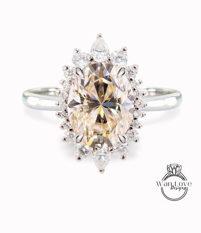 Champagne Moissanite & Diamond Oval Cluster Halo Engagement Ring, Rose Gold Bridal Wedding Ring, Anniversary Gift