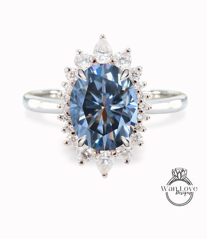 Gray Moissanite & Diamond Oval Cluster Halo Engagement Ring, Rose Gold Bridal Wedding Ring, Anniversary Gift