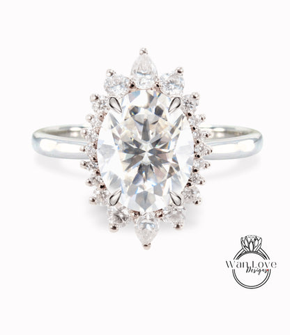 Moissanite & Diamond Oval Cluster Halo Engagement Ring, Rose Gold Bridal Wedding Ring, Anniversary Gift