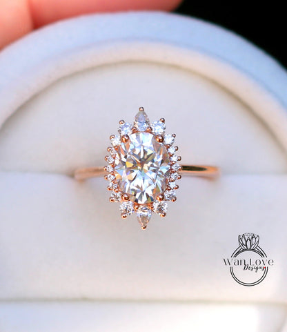 Anello di fidanzamento ovale con moissanite champagne, oro rosa vintage, anello di fidanzamento a grappolo unico, da donna, matrimonio Sunburst, regalo nuziale, pronto per la spedizione
