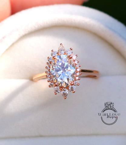 Anello di fidanzamento ovale con moissanite champagne, oro rosa vintage, anello di fidanzamento a grappolo unico, da donna, matrimonio Sunburst, regalo nuziale, pronto per la spedizione