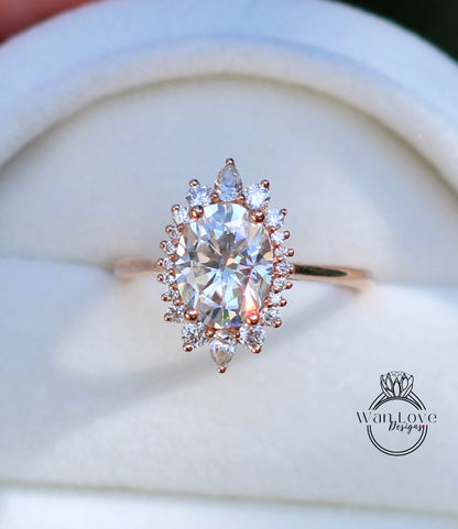 Anello di fidanzamento ovale con moissanite champagne, oro rosa vintage, anello di fidanzamento a grappolo unico, da donna, matrimonio Sunburst, regalo nuziale, pronto per la spedizione