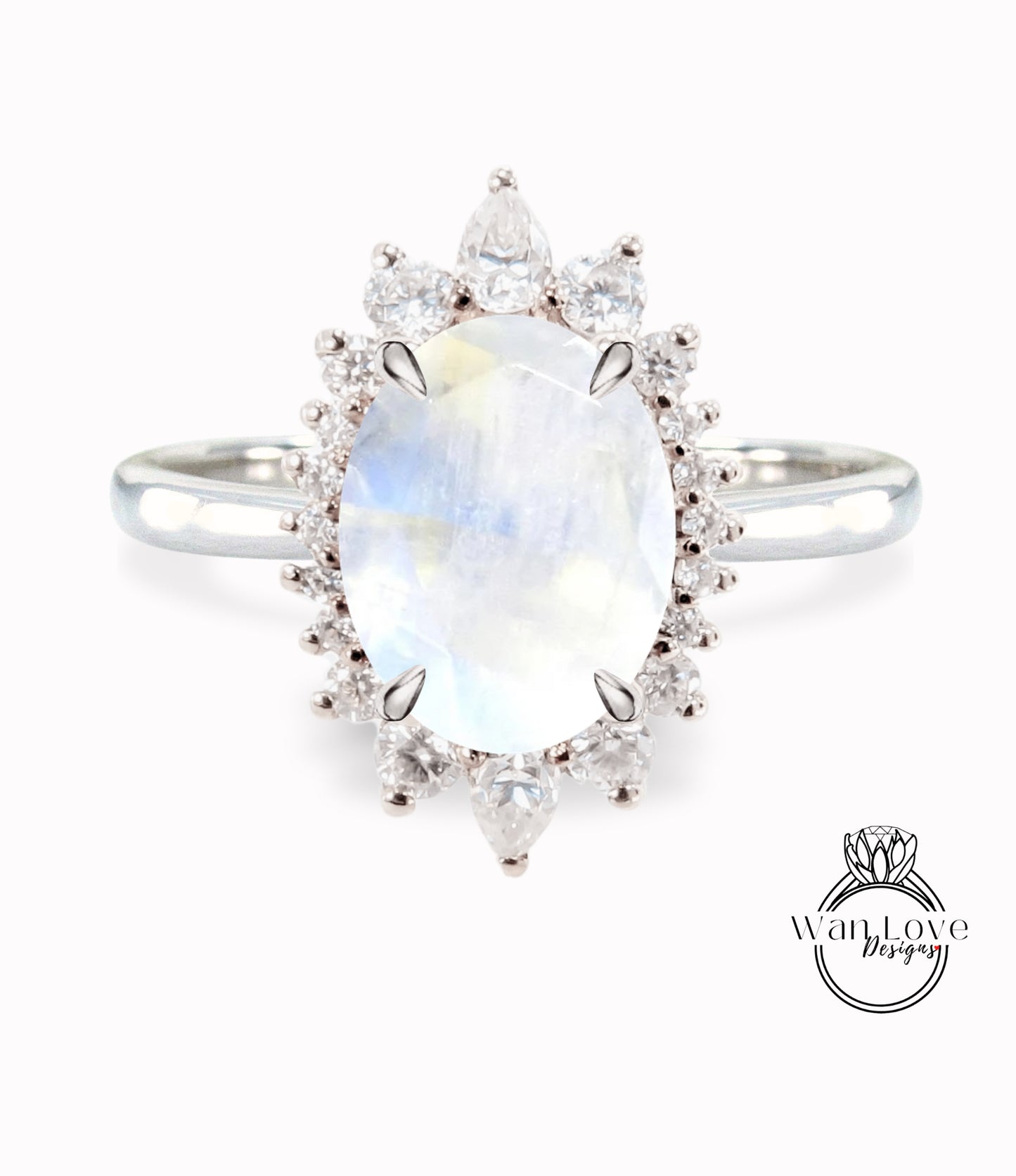 Moonstone & Diamond Oval Cluster Halo Engagement Ring, Rose Gold Bridal Wedding Ring, Anniversary Gift