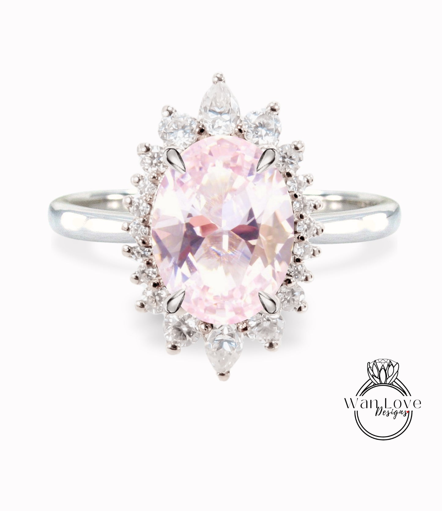 Light Pink Sapphire & Diamond Oval Cluster Halo Engagement Ring, Rose Gold Bridal Wedding Ring, Anniversary Gift