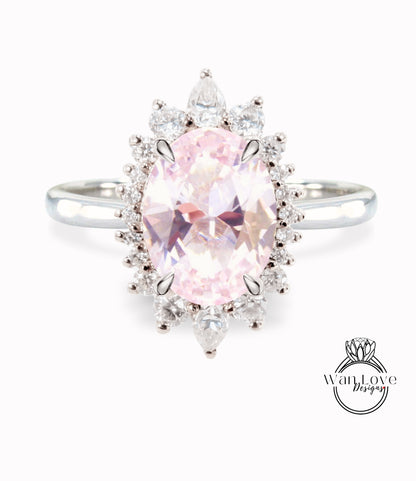 Light Pink Sapphire & Diamond Oval Cluster Halo Engagement Ring, Rose Gold Bridal Wedding Ring, Anniversary Gift