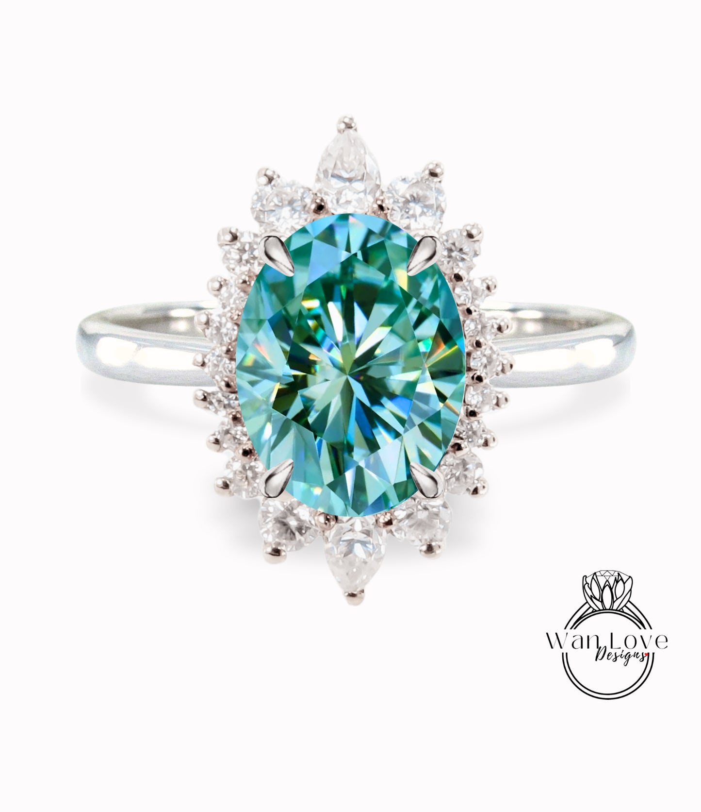 Blue Moissanite & Diamond Oval Cluster Halo Engagement Ring, Rose Gold Bridal Wedding Ring, Anniversary Gift