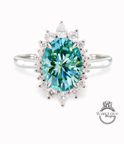 Blue Moissanite & Diamond Oval Cluster Halo Engagement Ring, Rose Gold Bridal Wedding Ring, Anniversary Gift