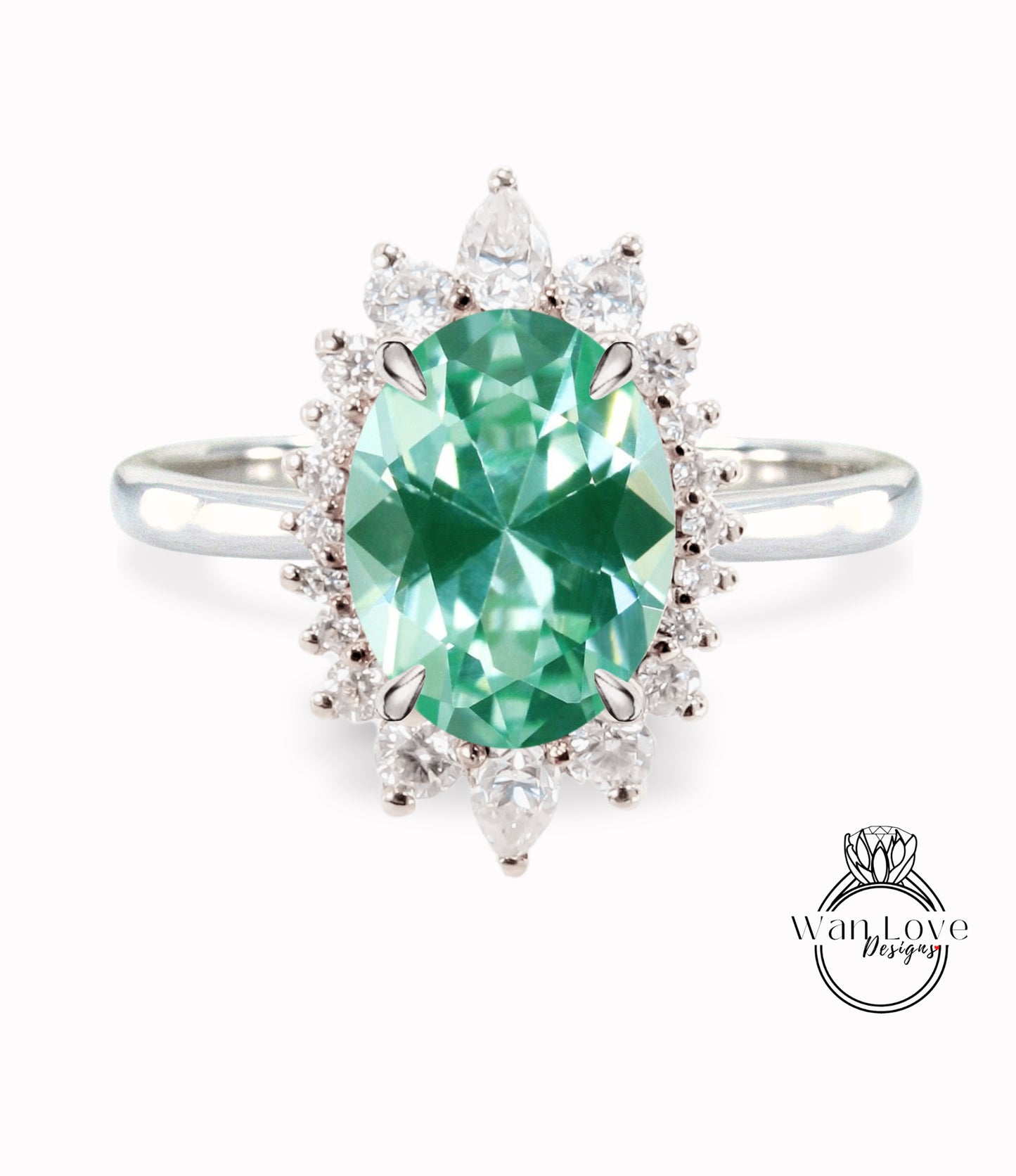 Teal Spinel & Diamond Oval Cluster Halo Engagement Ring, Rose Gold Bridal Wedding Ring, Anniversary Gift