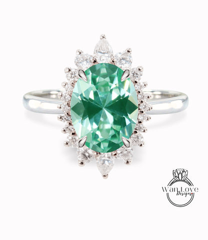 Teal Spinel & Diamond Oval Cluster Halo Engagement Ring, Rose Gold Bridal Wedding Ring, Anniversary Gift