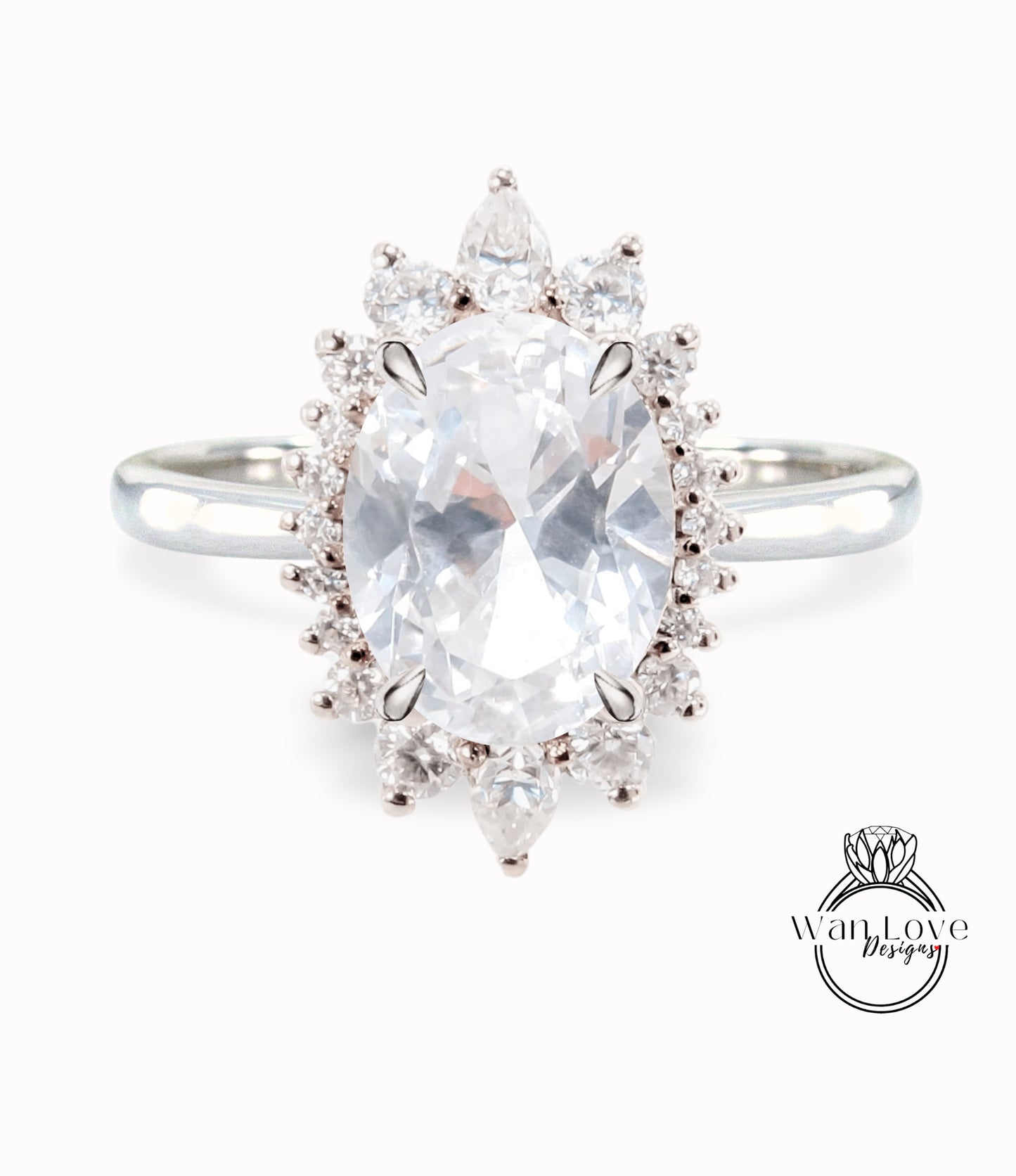 White Sapphire & Diamond Oval Cluster Halo Engagement Ring, Rose Gold Bridal Wedding Ring, Anniversary Gift