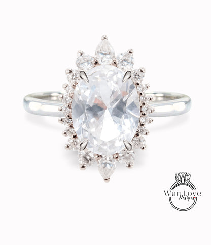 White Sapphire & Diamond Oval Cluster Halo Engagement Ring, Rose Gold Bridal Wedding Ring, Anniversary Gift