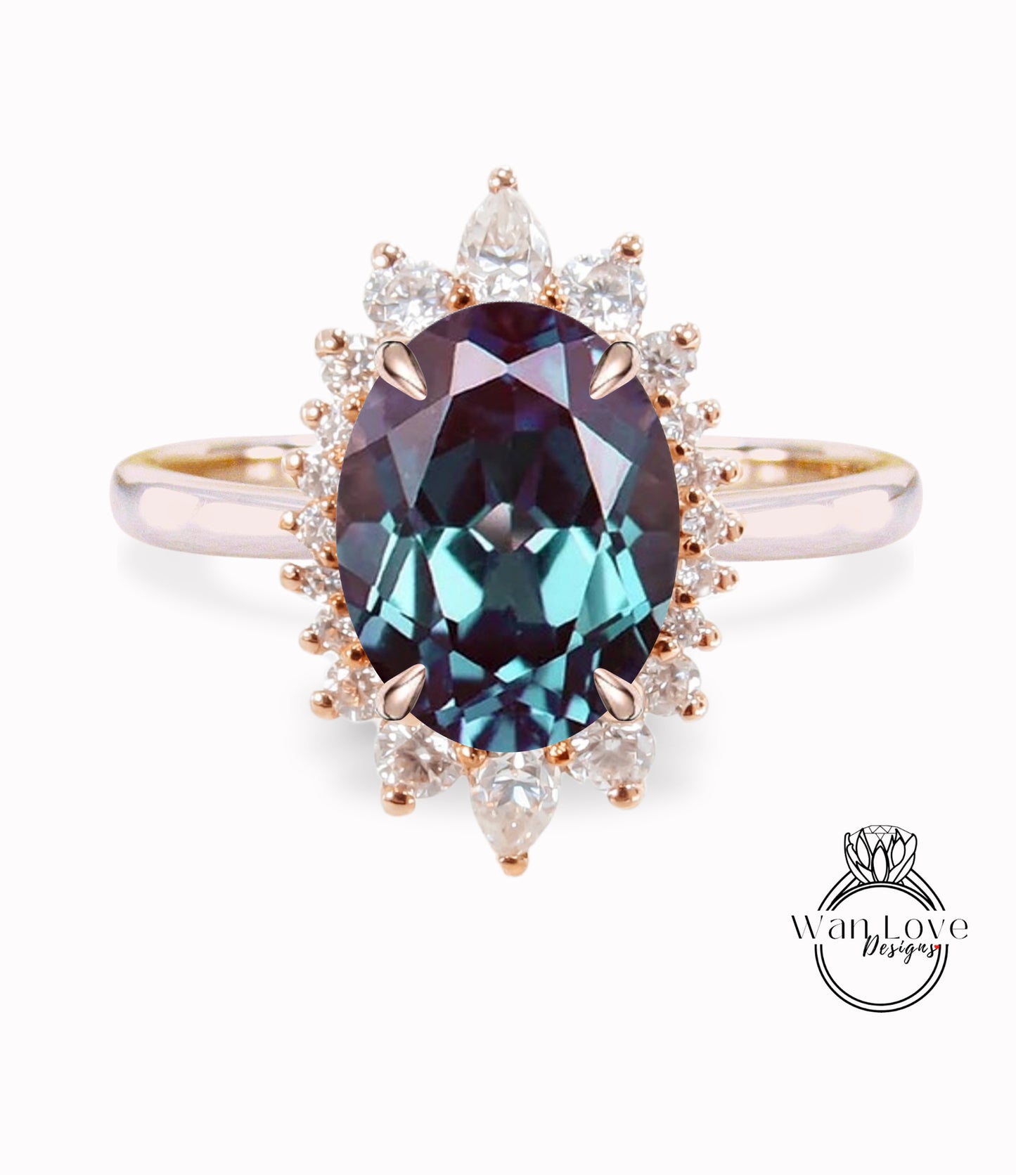 Alexandrite & Diamond Oval Cluster Halo Engagement Ring, Rose Gold Bridal Wedding Ring, Anniversary Gift