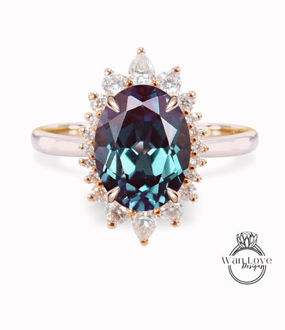 Alexandrite & Diamond Oval Cluster Halo Engagement Ring, Rose Gold Bridal Wedding Ring, Anniversary Gift